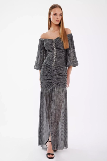 A wholesale clothing model wears  Silver Moonlight 3/4 Sleeve Maxi Dress
, Turkish wholesale Dress of Fervente