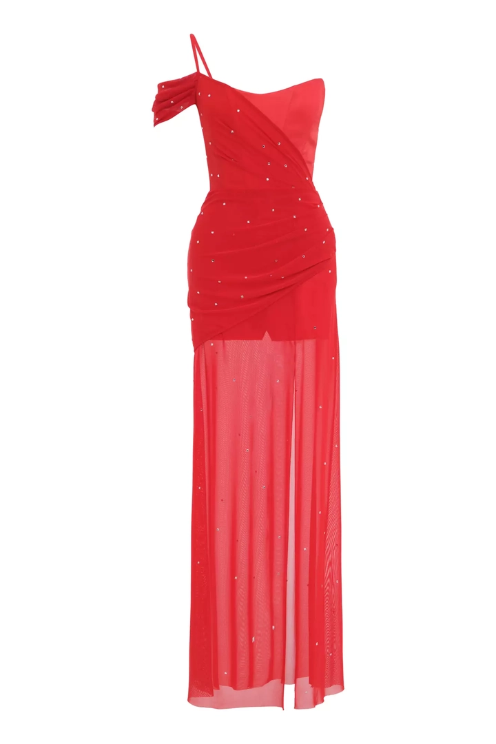A wholesale clothing model wears frv12153-red-sandy-sleeveless-maxi-dress, Turkish wholesale Dress of Fervente