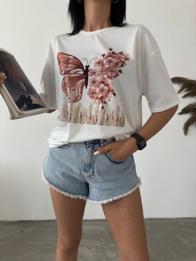 Fiori Kelebek Baskılı Basic T shirt Toptan Giyim Gündelik