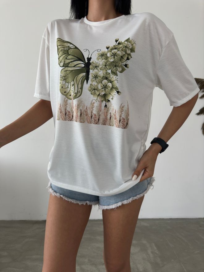 Fiori Kelebek Baskılı Basic T shirt Toptan Giyim Gündelik