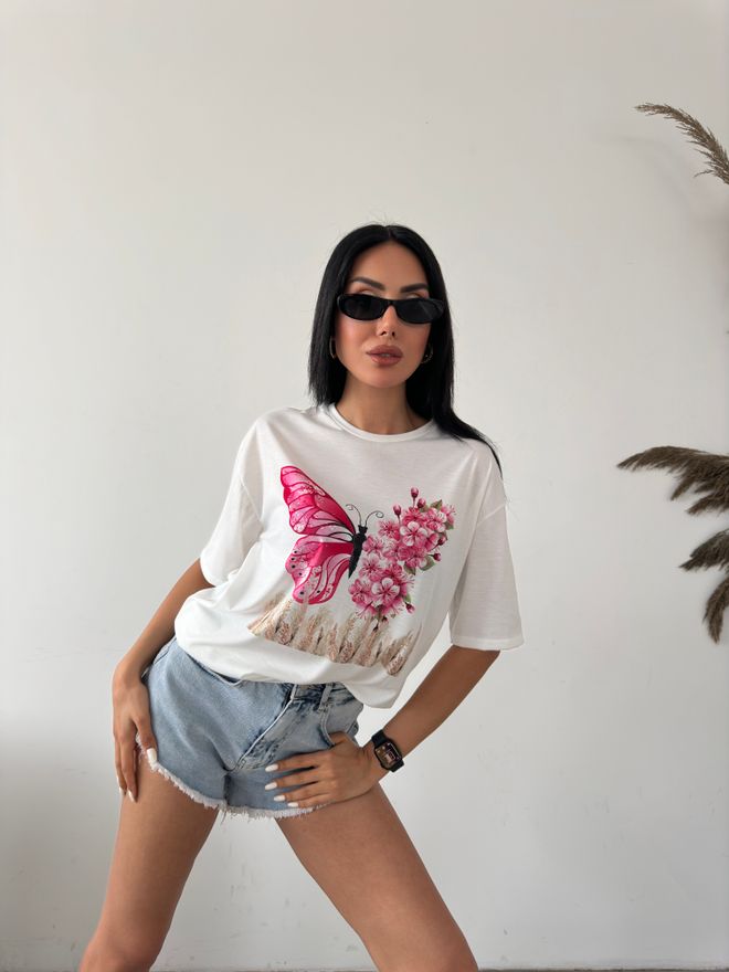 Fiori Kelebek Baskılı Basic T shirt Toptan Giyim Gündelik
