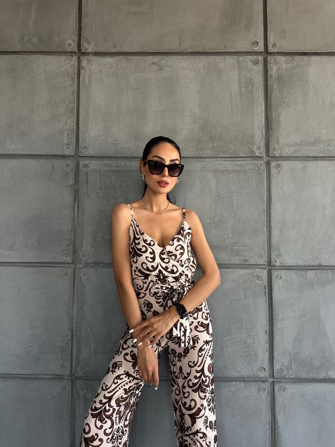 Fiori Patterned V Neck Strap Jumpsuit Wholesale Clothing Birthday