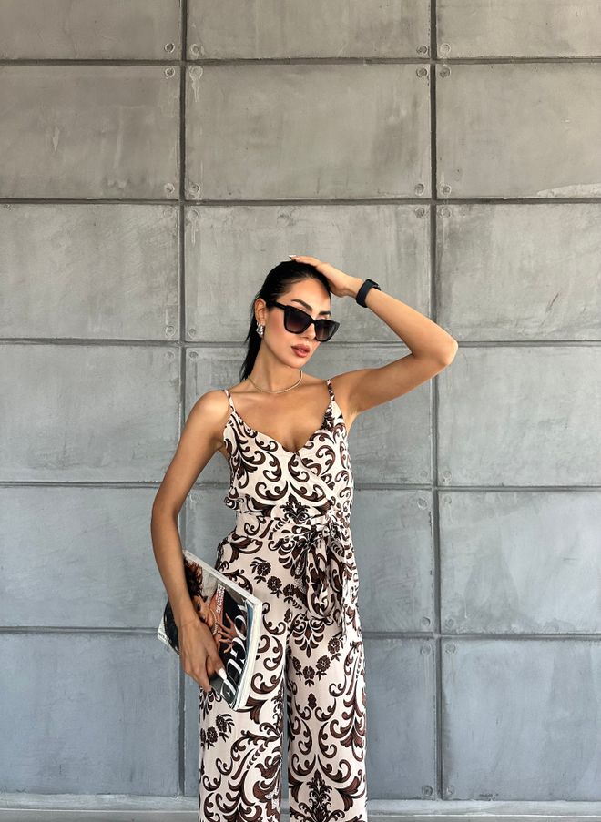 Fiori Patterned V Neck Strap Jumpsuit Wholesale Clothing Summer