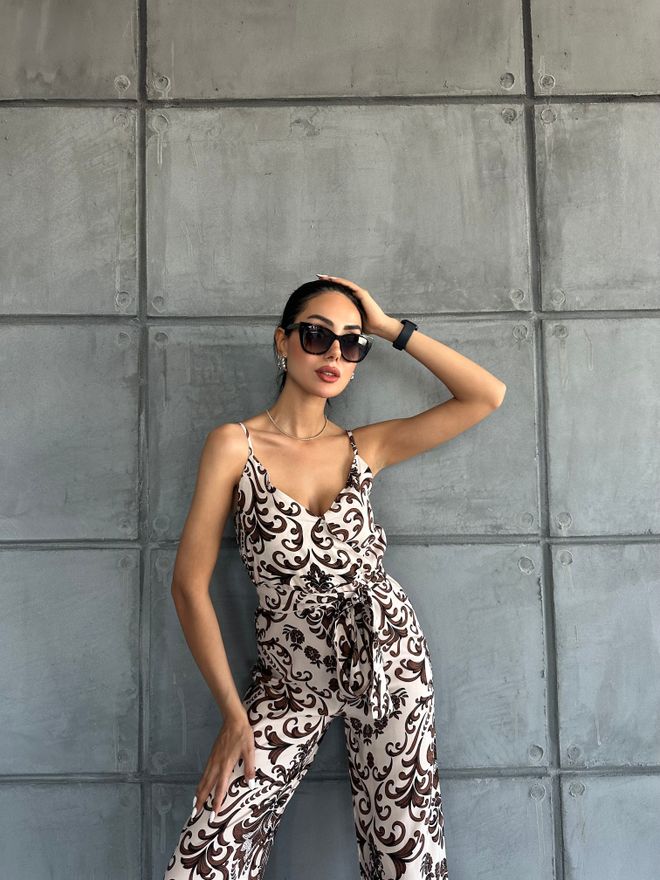 Fiori Patterned V Neck Strap Jumpsuit Wholesale Clothing 4
