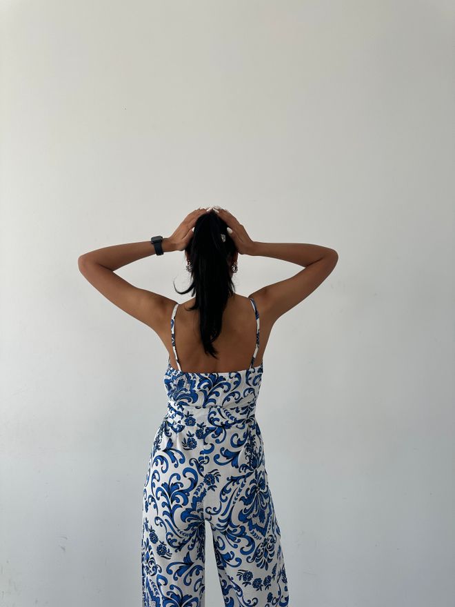 Fiori Patterned V Neck Strap Jumpsuit Wholesale Clothing Summer