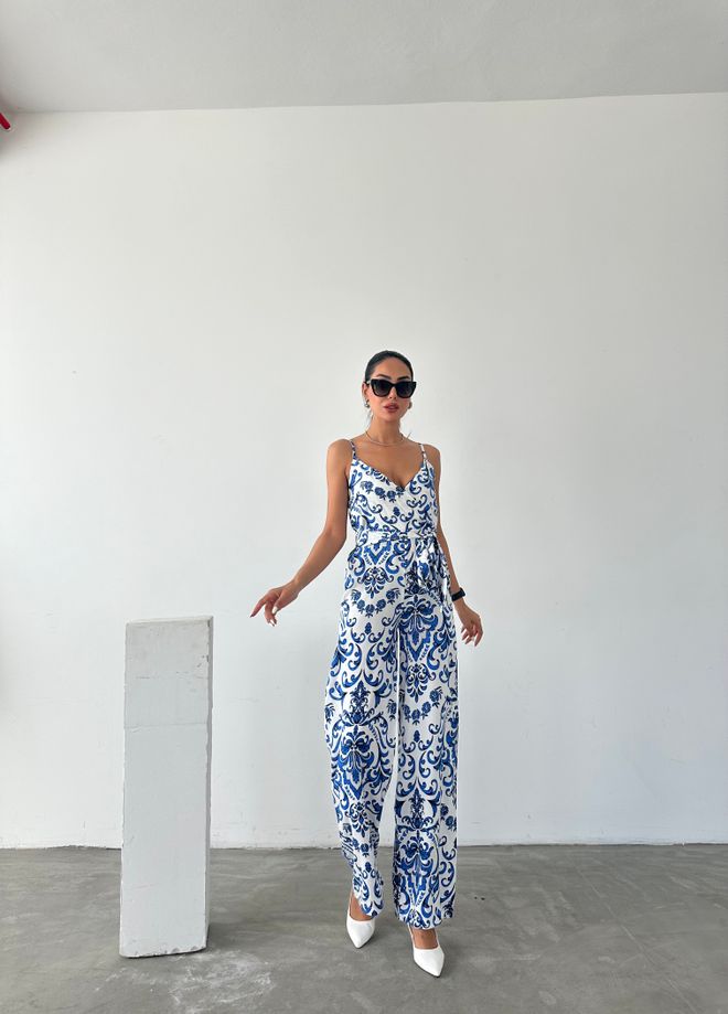 Fiori Patterned V Neck Strap Jumpsuit Wholesale Clothing Casual