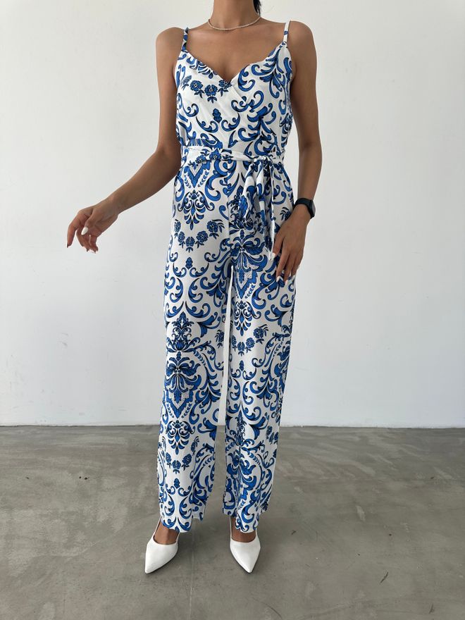 Fiori Patterned V Neck Strap Jumpsuit Wholesale Clothing Birthday