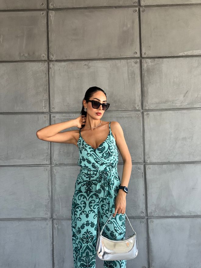 Fiori Patterned V Neck Strap Jumpsuit Wholesale Clothing Summer