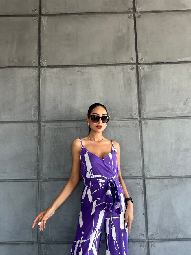 Fiori Patterned V neck Strap Jumpsuit Wholesale Clothing Birthday