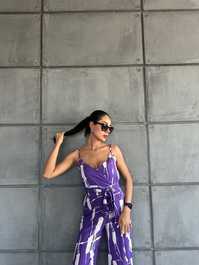 Fiori Patterned V neck Strap Jumpsuit Wholesale Clothing Summer