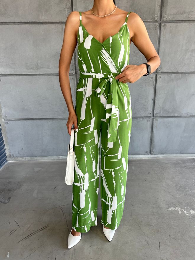 Fiori Patterned V neck Strap Jumpsuit Wholesale Clothing No Fabric