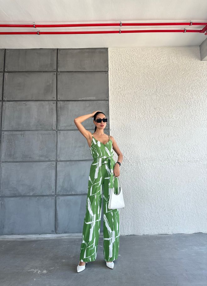 Fiori Patterned V neck Strap Jumpsuit Wholesale Clothing Casual