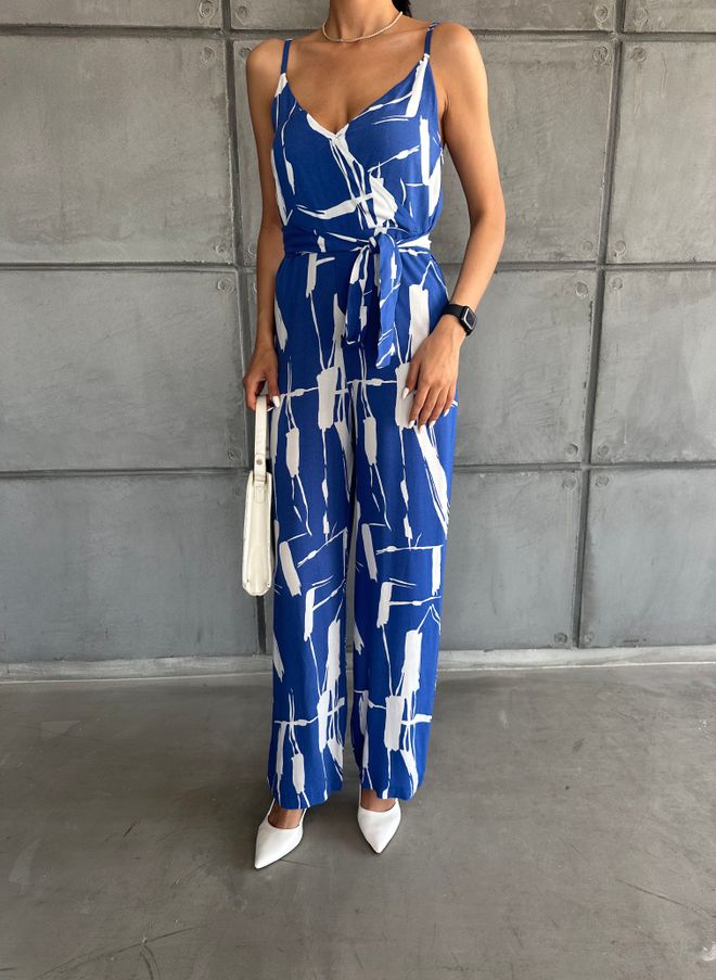 Fiori Patterned V Neck Strap Jumpsuit Wholesale Clothing No Fabric