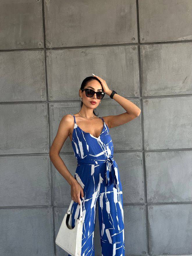 Fiori Patterned V Neck Strap Jumpsuit Wholesale Clothing 4