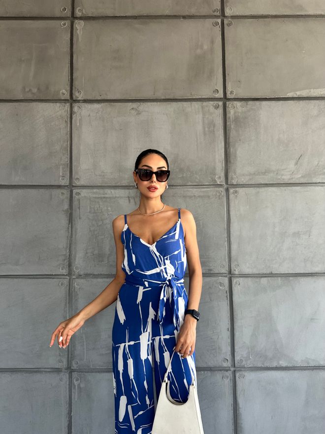 Fiori Patterned V Neck Strap Jumpsuit Wholesale Clothing Summer