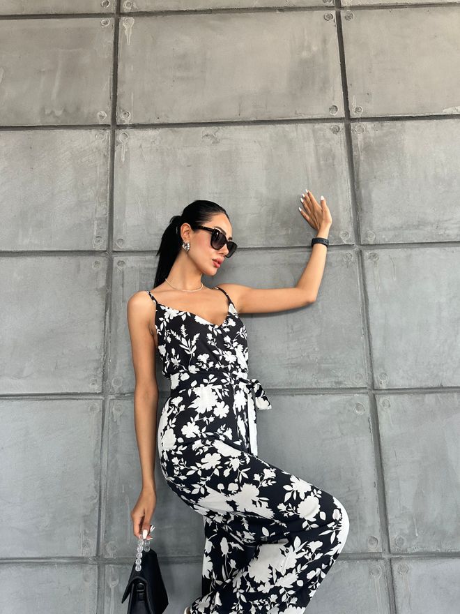 Fiori Patterned V Neck Strap Jumpsuit Wholesale Clothing Birthday