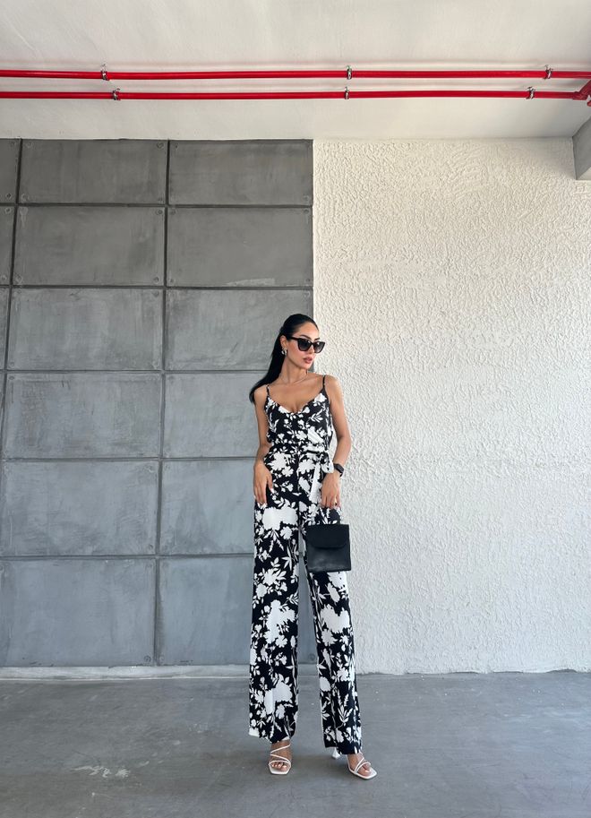 Fiori Patterned V Neck Strap Jumpsuit Wholesale Clothing Summer