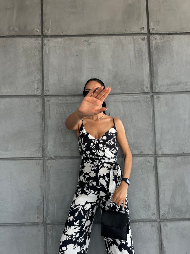 Fiori Patterned V Neck Strap Jumpsuit Wholesale Clothing 4