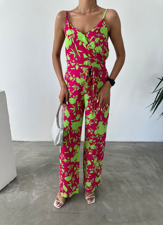 Fiori Patterned V Neck Strap Jumpsuit Wholesale Clothing No Fabric