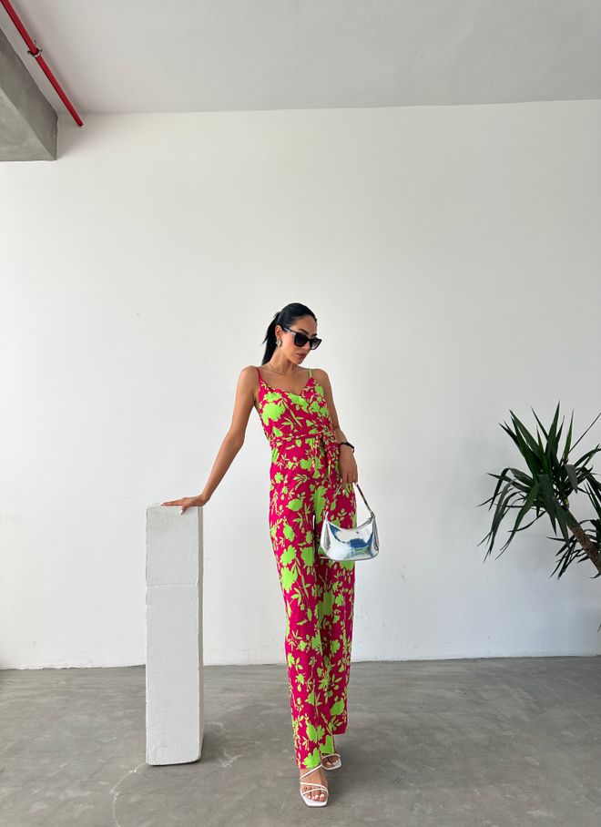 Fiori Patterned V Neck Strap Jumpsuit Wholesale Clothing Birthday