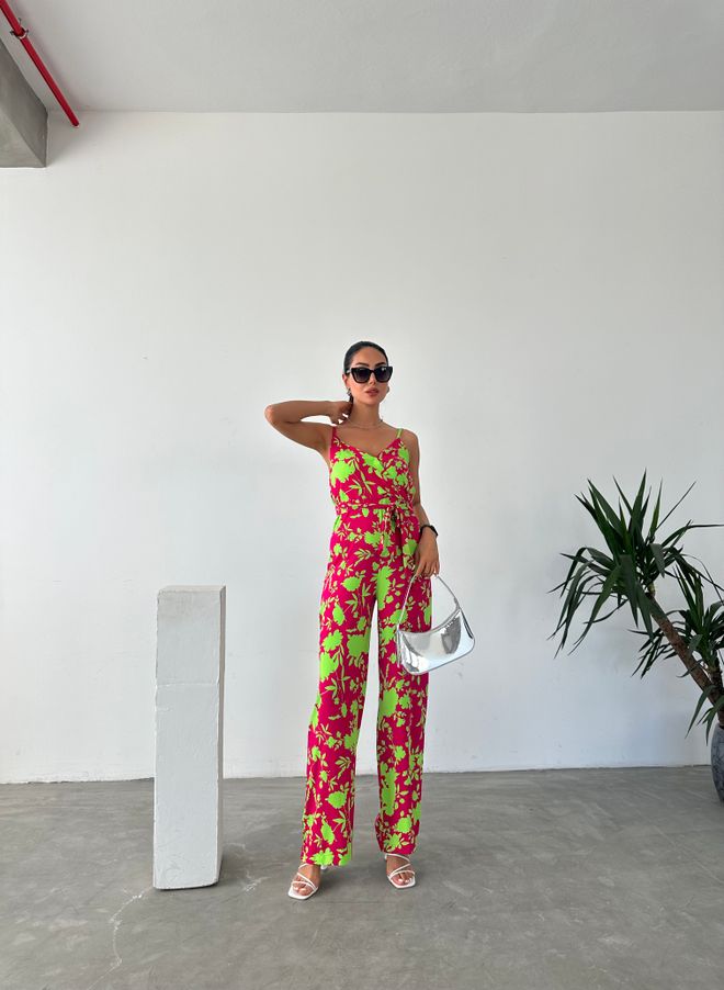 Fiori Patterned V Neck Strap Jumpsuit Wholesale Clothing Summer