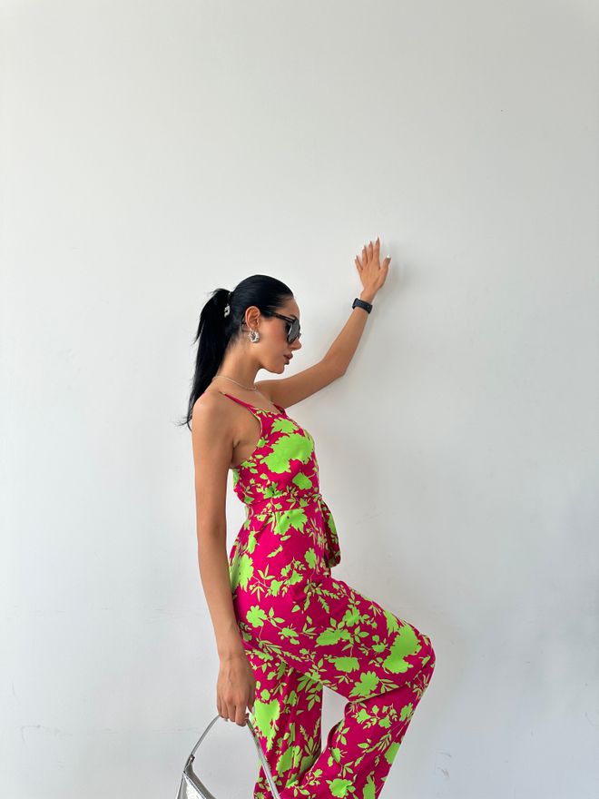 Fiori Patterned V Neck Strap Jumpsuit Wholesale Clothing 4