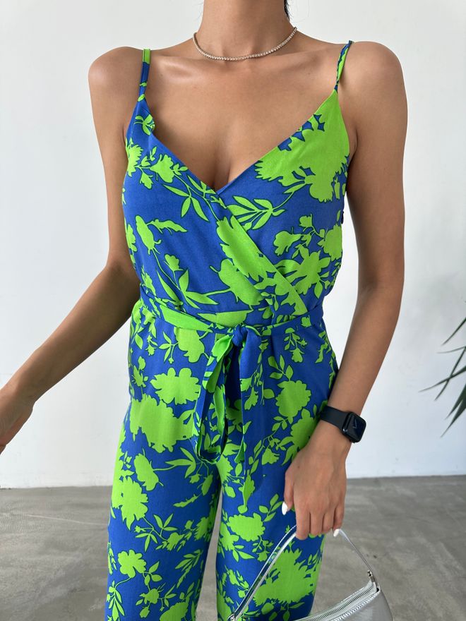 Fiori Patterned V Neck Strap Jumpsuit Wholesale Clothing No Fabric