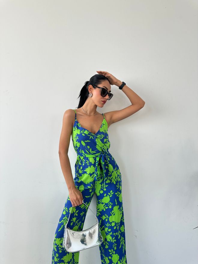 Fiori Patterned V Neck Strap Jumpsuit Wholesale Clothing Birthday