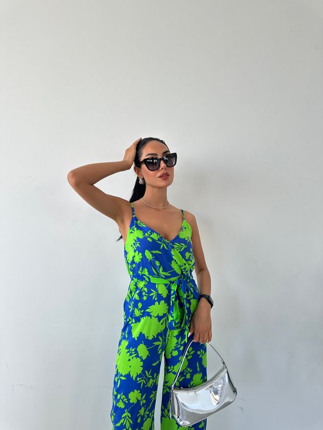Fiori Patterned V Neck Strap Jumpsuit Wholesale Clothing Summer