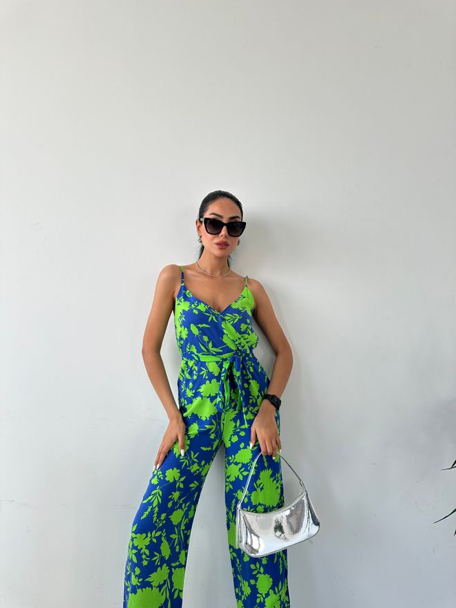 Fiori Patterned V Neck Strap Jumpsuit Wholesale Clothing 4
