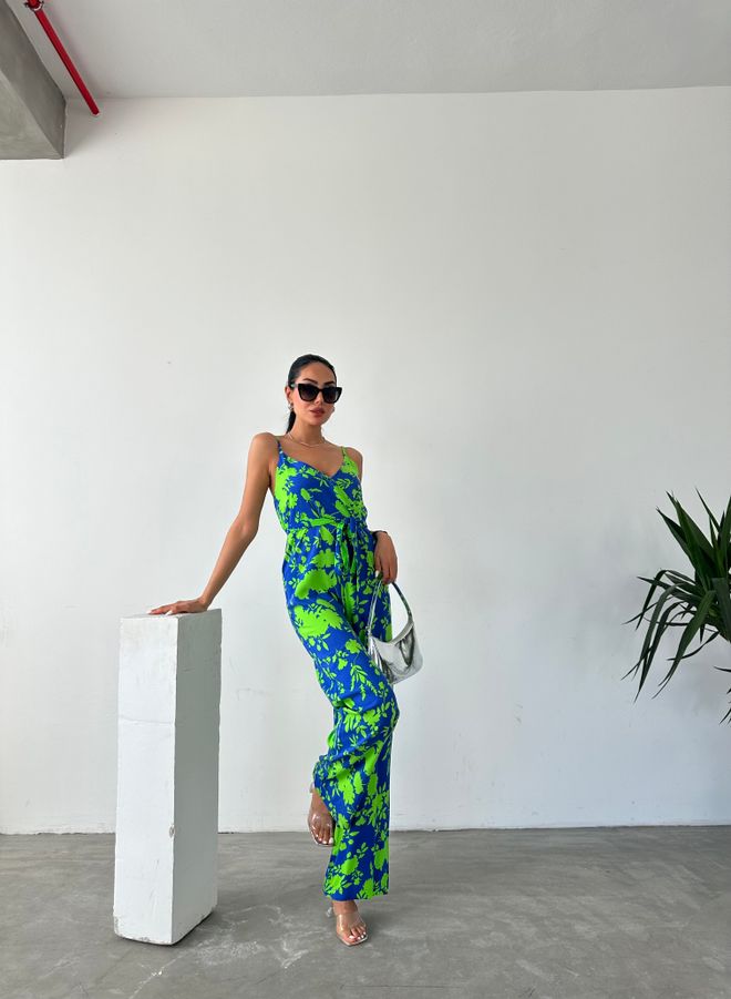 Fiori Patterned V Neck Strap Jumpsuit Wholesale Clothing Casual