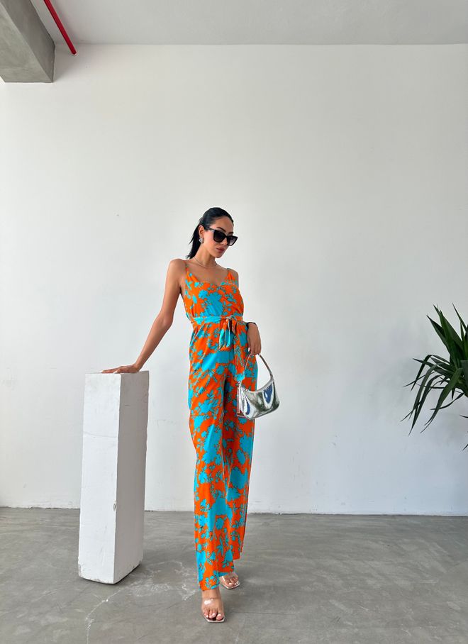 Fiori Patterned V Neck Strap Jumpsuit Wholesale Clothing Casual