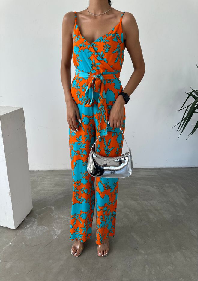 Fiori Patterned V Neck Strap Jumpsuit Wholesale Clothing Summer