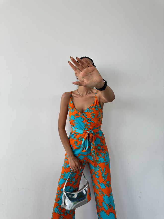 Fiori Patterned V Neck Strap Jumpsuit Wholesale Clothing 4