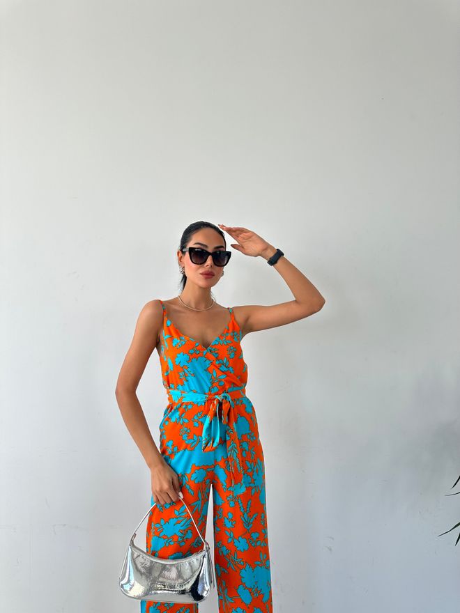 Fiori Patterned V Neck Strap Jumpsuit Wholesale Clothing No Fabric