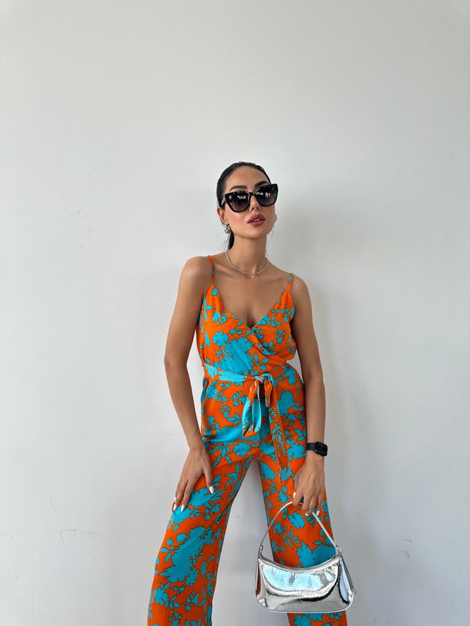 Fiori Patterned V Neck Strap Jumpsuit Wholesale Clothing Birthday