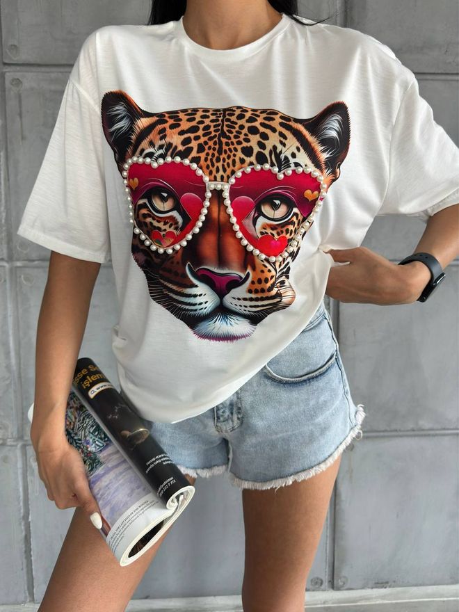 Fiori Kaplan Baskılı İncili T shirt Toptan Giyim Gündelik