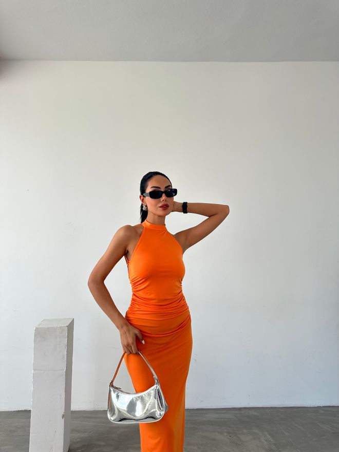 Fiori Halter Neckline Gathered Sandy Dress With Lace Detail On The Back Wholesale Clothing Casual