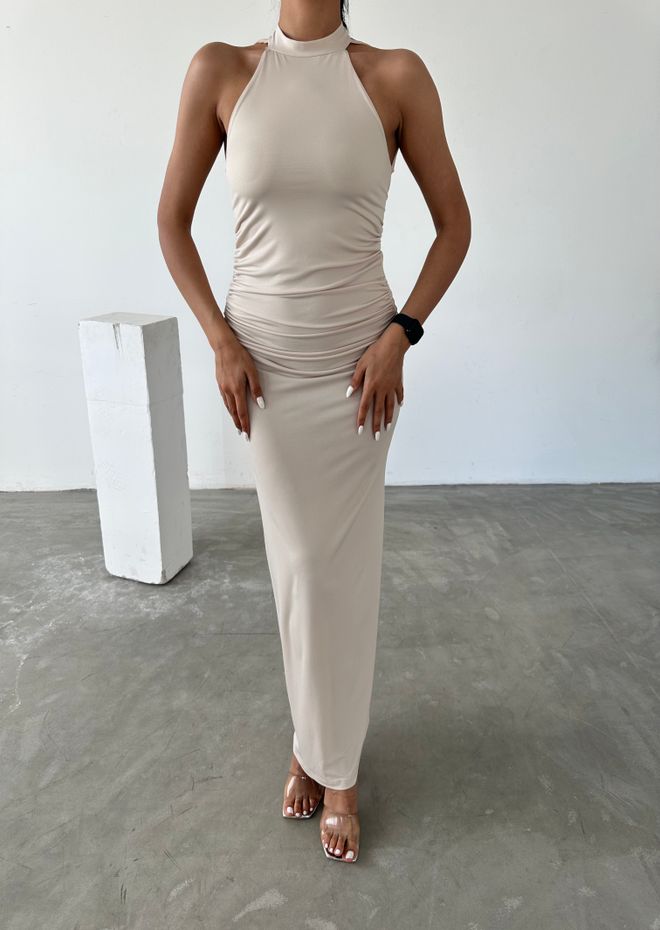 Fiori Halter Neckline Gathered Sandy Dress With Lace Detail On The Back Wholesale Clothing Casual