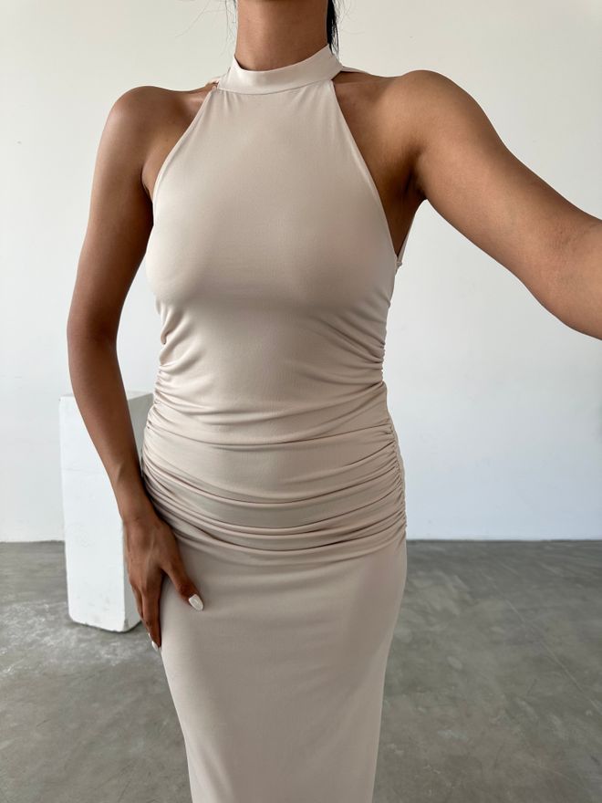 Fiori Vestido Arena Fruncido Escote Halter Con Detalle De Encaje En La Espalda Ropa al por mayor Verano