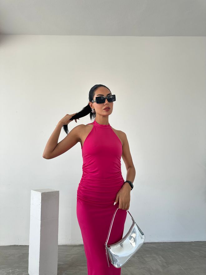 Fiori Vestido Arena Fruncido Escote Halter Con Detalle De Encaje En La Espalda Ropa al por mayor 4