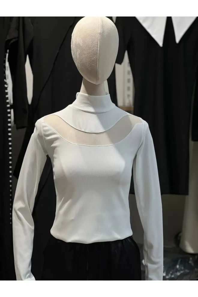 Fiori Tulle Detailed Ottoman Fabric Blouse Wholesale Clothing Casual