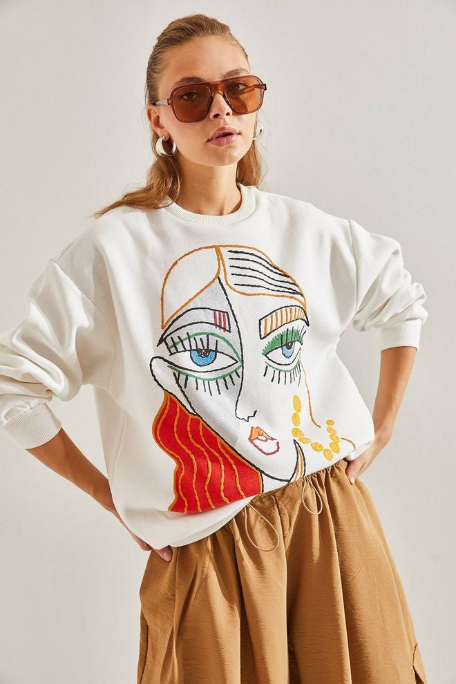 Fiori Damen Sweatshirt Mit Figurbedrucktem Rundhalsausschnitt Und 3 fädigem Reliefmuster Großhandelskleidung Lässig