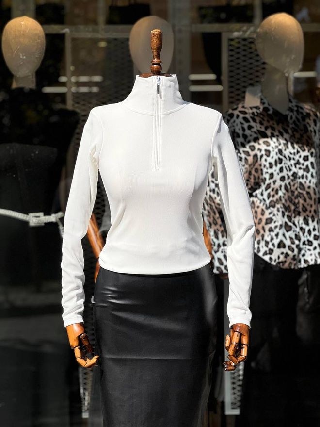 Fiori Ottoman Fabric Zippered Half Turtleneck Long Sleeve Blouse Wholesale Clothing Casual