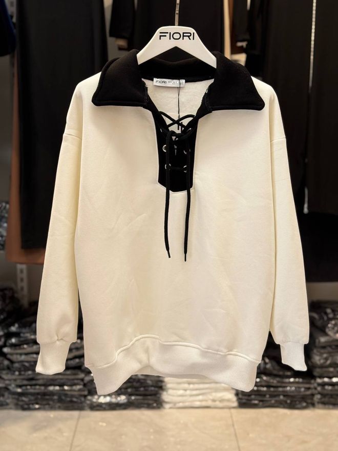 Fiori Polo Collar Sweatshirt With Lace Detail And Raised Inside Wholesale Clothing Casual