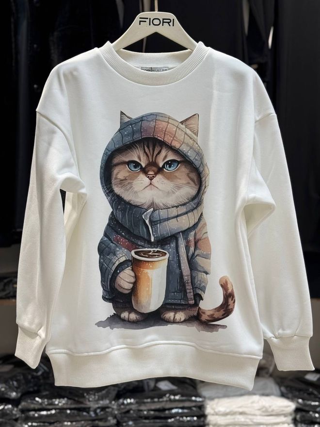 Fiori Cat Printed Crew Neck 3 Thread Raised Sweatshirt Wholesale Clothing Casual