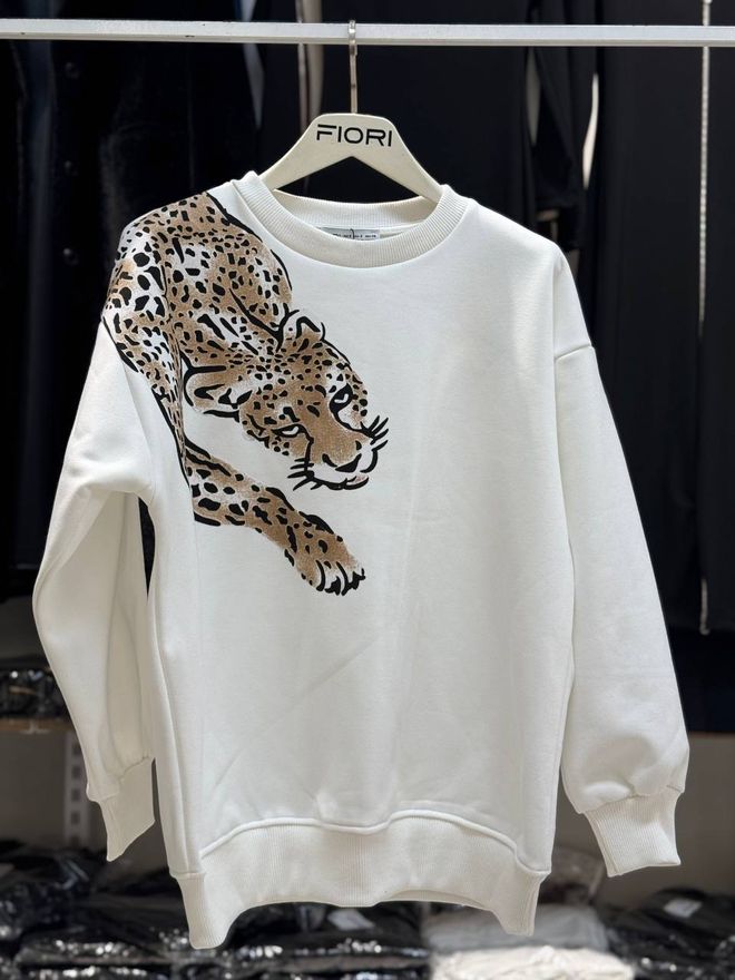 Fiori Tiger Printed Crew Neck 3 Thread Raised Sweatshirt On Shoulder Wholesale Clothing Casual