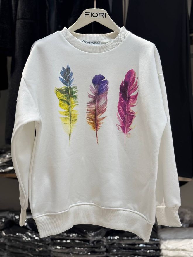 Fiori Colorful Feather Printed Crew Neck 3 Thread Raised Sweatshirt Wholesale Clothing Casual