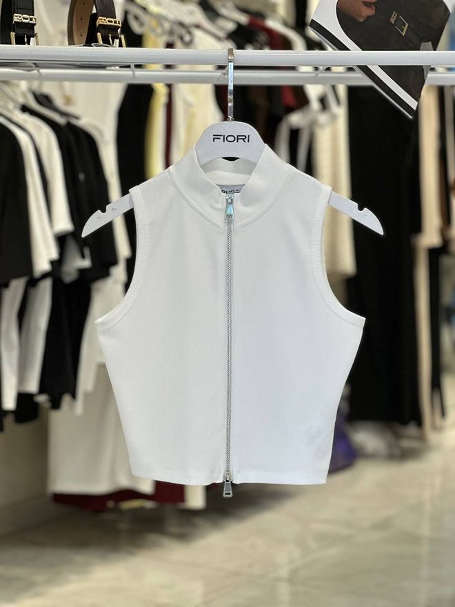 Fiori Crop Top Blanc Élégant Coupe Étroite Col Haut Vêtements en gros Décontracté