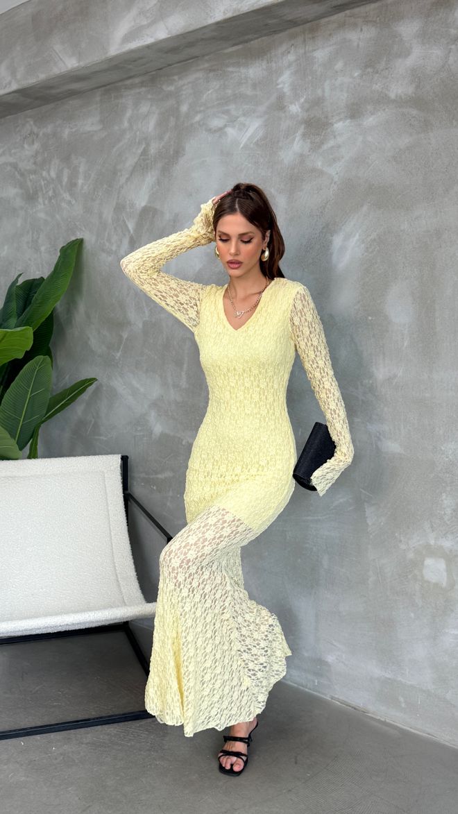 Fiori Elegant Yellow Bodycon Dress With V Neck And Long Sleeves Wholesale Clothing Birthday